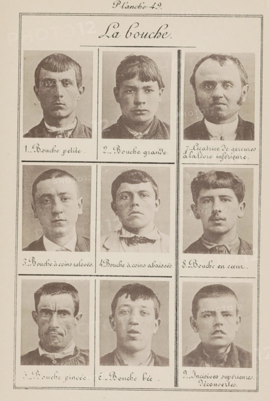 Nine male heads in front view, arranged according to the shape of their mouths, La bouche, page, photomechanical print, In front view., number: '1., 9.', inscription: 'Bouche petite., Incisives supérieures découvertes.', number: 'Planche 49.', France, c. 1880 - in or before 1893, paper, collotype, photoprint, height 243 mm x width 157 mm, mouth, head (human) (front view), A vertically oriented sheet shows a grid of rectangular portrait photographs arranged in columns and rows, each portrait framed by thin lines; the portraits depict individual faces of different people shown from the shoulders up with neutral or serious expressions, varied hairstyles from short cropped to slightly longer, different facial hair styles and clean-shaven faces, and clothing ranging from collared shirts and jackets to bow ties and scarves; the background behind each portrait is plain and light, and decorative thin border lines surround the entire sheet.