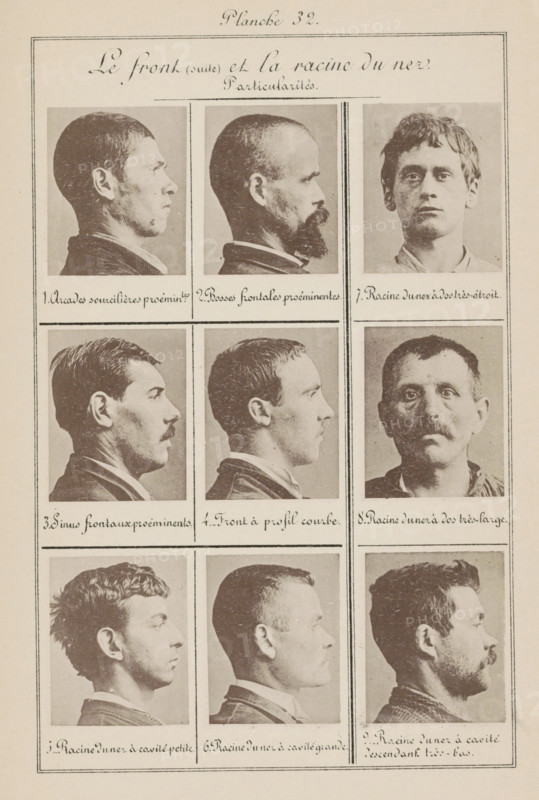 Le Front (suite) et la racine du nez. Particularités, Nine men's heads, arranged according to the shape of their nose bridge, page, photomechanical print, Seven in profile, numbers 7 and 8 are front views., inscription: 'Arcades sourcilières proémintes., Racine du nez à cavité descendant très-bas.', number: '1., 9.', number: 'Planche 32.', France, c. 1880 - in or before 1893, paper, collotype, photoprint, height 243 mm x width 157 mm, head (human) (side view, profile), head (human) (front view), A sepia-toned page divided into rectangular panels, each containing a portrait photograph of a man's head and shoulders shown in profile or frontal view; the portraits display varied hairstyles, facial hair, and expressions, with some men clean-shaven, some with mustaches, some with beards, and hair lengths ranging from short to medium and wavy; thin decorative borders frame the page and separate the panels, and handwritten script appears at the top and beneath each portrait.