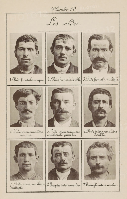 Les rides, Nine men's heads in front view, arranged on their forehead wrinkles, page, photomechanical print, In front view., inscription: 'Ride frontale unique.', number: '9.', number: '6.', number: 'Planche 50.', number: '1.', inscription: 'Trapère intersourcilière.', inscription: 'Ride intersourcilière unilatérale gauche.', inscription: 'Ride intersourcilière unique.', inscription: 'Ride frontale double.', number: '5.', number: '7.', number: '2.', inscription: 'Ride intersourcilière multiple.', number: '8.', inscription: 'Triangle intersourcilière.', inscription: 'Ride intersourcilière double.', number: '4.', number: '3.', inscription: 'Ride frontal multiple.', France, c. 1880 - in or before 1893, paper, collotype, photoprint, height 243 mm x width 157 mm, head (human) (front view), creased, wrinkled forehead, A sepia-toned printed sheet with a rectangular border containing three rows of three portrait photographs each, showing men facing forward with neutral expressions, various hai...