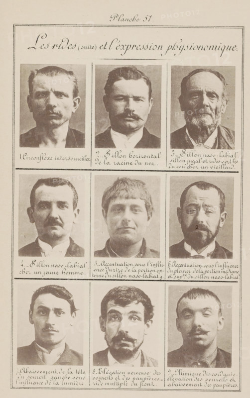 Nine male heads in front view, arranged on their forehead wrinkles during facial expressions, Les rides (suite) et l'expression physionomique., page, photomechanical print, inscription: 'Circonflexe intersourcilier., Mimique discordante. elévation des sourcils et abaissement des paupières.', number: 'Planche 51.', number: '1., 9.', France, c. 1880 - in or before 1893, paper, collotype, photoprint, height 243 mm x width 157 mm, head (human) (front view), creased, wrinkled forehead, A vertically oriented sheet contains a grid of photographic portrait panels showing mainly men's faces, arranged in rows and columns with narrow borders separating each portrait; the top margin shows a decorative script heading but no transcription is provided; the portraits vary in age and appearance, including clean-shaven faces, mustaches, beards, and different hairstyles; some men have short cropped hair, others have fuller or receding hairlines, and one portrait shows a man with a longer beard and thinne...