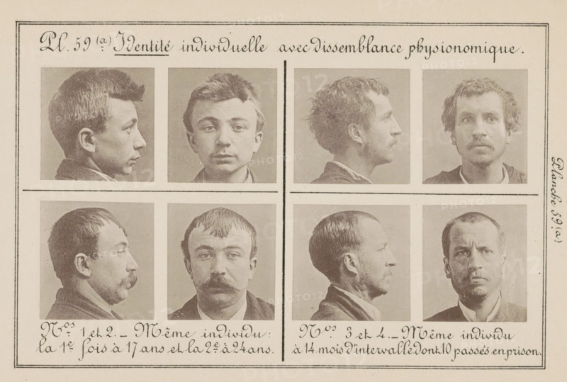 Individual identity with physiognomonic dissemination, Eight images of two men, taken at two ages, page, photomechanical print, The four images on the left are of a man at the age of 17 and 24, the four on the right are of a man, taken fourteen months apart., number: 'Planche 59. (a)', inscription: 'Same individual: the 1st time at 17 and the 2nd at 24.', inscription: 'Same individual 14 months apart, 10 of which were imprisoned.', number: 'Nos. 3 and 4.', number: 'Nos. 1 and 2.', France, c. 1880 - in or before 1893, paper, collotype, photoprint, height 243 mm x width 157 mm, head (human) (sideview, profile), criminals, A sepia-toned page divided into rectangular panels containing portrait photographs of men shown in profile and frontal views, arranged in a grid separated by thin borders; the men display varied hairstyles and facial hair, including mustaches and stubble, and wear collared garments; decorative handwritten script appears along the top and bottom edges of the page and a n...