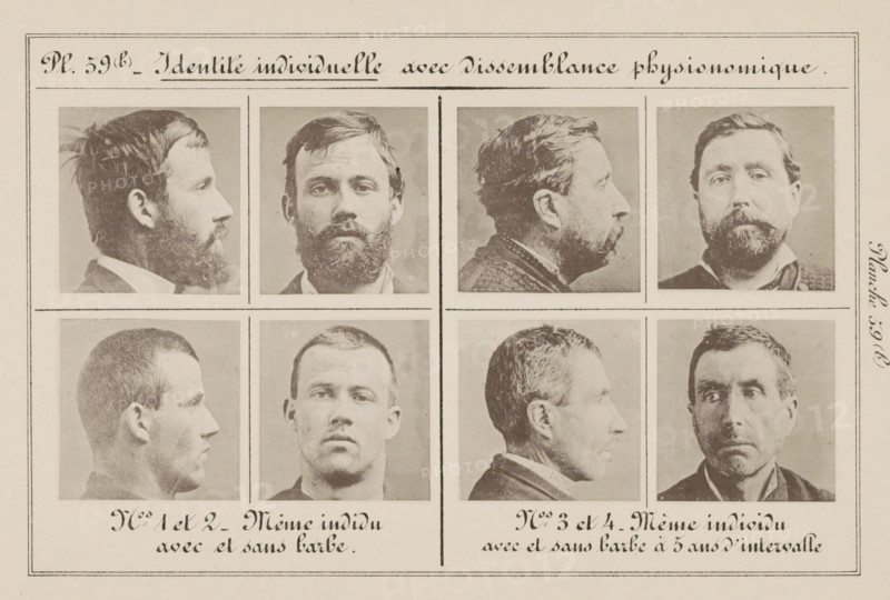Eight images of two men, taken at different times and with and without facial hair, Individual identity with physiognomous discoloration, page, photomechanical print, Left a man with a beard and without a beard, right images of a man, taken at different times and with and without a beard., inscription: 'Same individual with and without a beard at 5 years' interval', number: 'Nos. 1 and 2.', inscription: 'Same individual with and without a beard.', number: 'Planche 59. (b)', number: 'Nos. 3 and 4.', France, c. 1880 - in or before 1893, paper, collotype, photoprint, height 243 mm x width 157 mm, head (human) (sideview, profile), head (human) (front view), criminals, A rectangular sheet with a grid of vintage sepia portrait photographs showing head-and-shoulder views of men in pairs, each pair including a profile and a frontal view; the faces show a range of facial hair from full beards to clean-shaven, varied hairstyles, and neutral expressions; thin printed border lines divide the image...