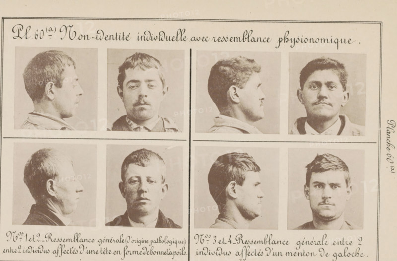 Eight portraits of four men with similar physical characteristics, Non-identité individuelle avec ressemblance physiognomie, page, photomechanical print, Left two men with similar hairlines, right two men with similar jawlines., inscription: 'Resemblement between 2 individuals with a gauntlet.', number: 'Nos. 1 et 2.', inscription: 'Resemblement (of pathological origin) between 2 individuals with a head shaped like a bonnet.', number: 'Planche 60. (b)', number: 'Nos. 3 et 4.', France, c. 1880 - in or before 1893, paper, collotype, photoprint, height 243 mm x width 157 mm, head (human) (sideview, profile), criminals, A sepia-toned page divided into a grid of portrait photographs showing pairs of men in profile and frontal views, each photograph framed by thin borders; the men have varied short hairstyles and facial hair styles including mustaches, and wear collared shirts or jackets, with neutral expressions and plain backgrounds, and there are decorative handwritten headings and lines ...