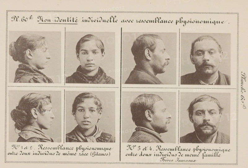 Individual non-identity with physiognomic resemblance, Eight images of two women's heads and two men's heads, with the same skin color and mutual family ties, page, photomechanical print, The four images on the left are of two women with similar skin color, the four on the right are of two brothers., number: 'Nos. 1 et 2.', inscription: 'Physical resemblance between two individuals of the same family Juvenile Brothers', inscription: 'Physical resemblance between two individuals of the same race (Gitanos)', number: 'Nos. 3 et 4.', number: 'Pl. 60. (b)', France, c. 1880 - in or before 1893, paper, collotype, photoprint, height 243 mm x width 157 mm, head (human) (sideview, profile), head (human) - AA - female human figure (sideview, head (human) - AA - female human figure (front view), head (human) (front view), A sepia-toned sheet divided into framed squares containing portrait photographs arranged in a grid, each pair showing a profile view and a frontal view of a different person; the...