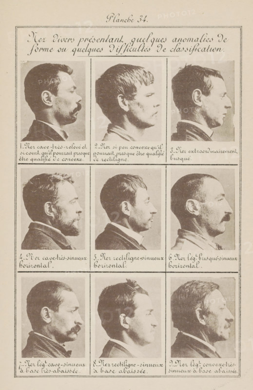Nine male heads in side view, arranged according to the shape of their noses, Nez diverse present qualques anomalies de forme ou qualques difficultés de classification, page, photomechanical print, inscription: 'Nez cave-très-relevé et si court qu'il pourrait presque être qualifié de convexe., Nez légt. convex-très-sinueux à base abaissée.', number: 'Planche 34.', number: '1., 9.', France, c. 1880 - in or before 1893, paper, collotype, photoprint, height 243 mm x width 157 mm, head (human) (sideview, profile), parts of the face: nose, A vertically oriented page with a grid of portrait photographs showing side-profile views of men's heads arranged in three columns and four rows, each portrait framed and separated by thin lines, the men displaying a variety of hairstyles, facial hair styles including mustaches and beards, and differing nose shapes and jawlines; the top of the page has ornate cursive headings and the lower portions of each framed photograph include handwritten captions be...