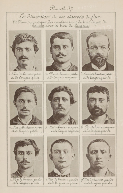 Les dimensions du nez observées de face., Nine male heads in front view, arranged according to the dimensions of their noses, page, photomechanical print, number: 'Planche 37.', inscription: 'Nez de hauthor petite et de largeur petite., Nez de hautoriteit grande et de largeur grande.', inscription: 'Tableau synoptique des combinaisons des three degrés de hauthor avec les threeis de largeur.', number: '1., 9.', France, c. 1880 - in or before 1893, paper, collotype, photoprint, height 243 mm x width 157 mm, parts of the face: nose, head (human) (front view), A sepia-toned sheet divided into a grid of portrait rectangles showing head-and-shoulders photographs of men, each photograph framed and arranged in rows and columns; the men display a variety of hairstyles and facial hair styles including mustaches and beards, and they wear collared shirts or jackets; the top of the sheet contains a decorative heading area with cursive script, and the bottom of each portrait box includes a handwritt...