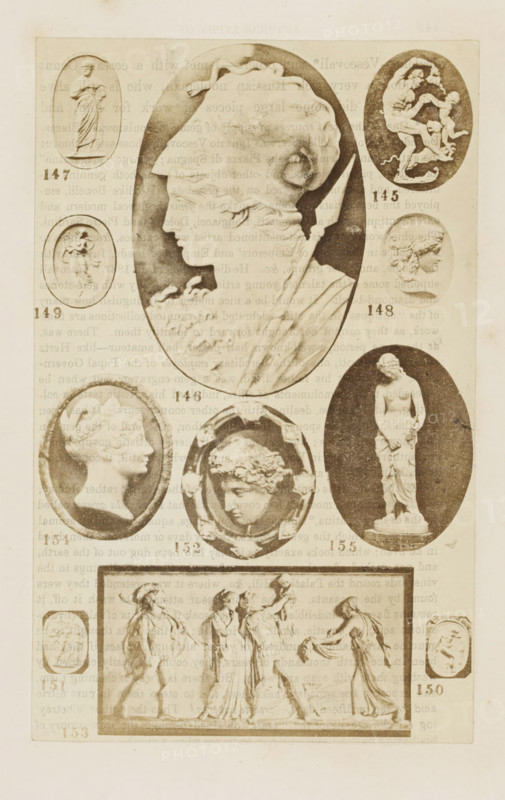 Ten reliefs and a sculpture, photograph, page, number: '145 - 155', photographer: F. Cole, c. 1857 - in or before 1867, paper, albumen print, height 165 mm x width 103 mm, text from the opposite page is printed on the photo., sculpture, The image shows a faded printed page with multiple oval and rectangular engravings arranged vertically, including a large central oval portrait of a classical head in profile facing left surrounded by smaller oval cameos and medallion-like images depicting various classical figures and busts, an oval photograph of a standing draped statue on the right, a circular framed head with a wreath near the center, and a rectangular frieze at the bottom showing a group of robed figures in motion; the page background shows faint reversed text visible through the paper and there are small numeric labels beside several of the engravings.