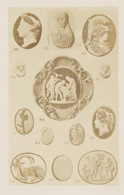 Thirteen cameos, photograph, page, number: '42 - 54', photographer: F. Cole, c. 1857 - in or before 1867, paper, albumen print, height 162 mm x width 99 mm, historical persons (portraits and scenes from the life) (profile portrait), gem, gemstone, carving, applied arts, A vertical sheet showing a grid of oval and circular carved reliefs and cameos on a pale background, featuring multiple profile portraits of classical-style figures, a central ornate oval plaque with a group scene of standing and bent figures, several small roundels with heads and torsos, a reclining horned animal in one lower oval, and decorative carved borders around some of the pieces.