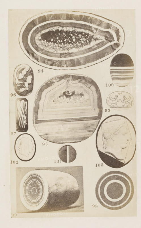 Eleven geodes and cameos, photograph, page, number: '93 - 103', photographer: F. Cole, c. 1857 - in or before 1867, paper, albumen print, height 165 mm x width 101 mm, Photo after page 92., gem, gemstone, sculpture (relief, sculpture), carving, applied arts, A tall, vertically oriented sheet showing a grid of oval and circular photographic images on a light background, including large cross sections of banded agate with crystalline interiors, smaller ovals with carved profiles of human faces, an oval featuring a decorative scene with two winged creatures facing each other, a vertical cylindrical section with concentric rings, a circular target-like pattern of concentric rings, and a small round disc divided visually into two contrasting halves; the images vary in tonal contrast from dark to light and are arranged with small blank spaces between them.