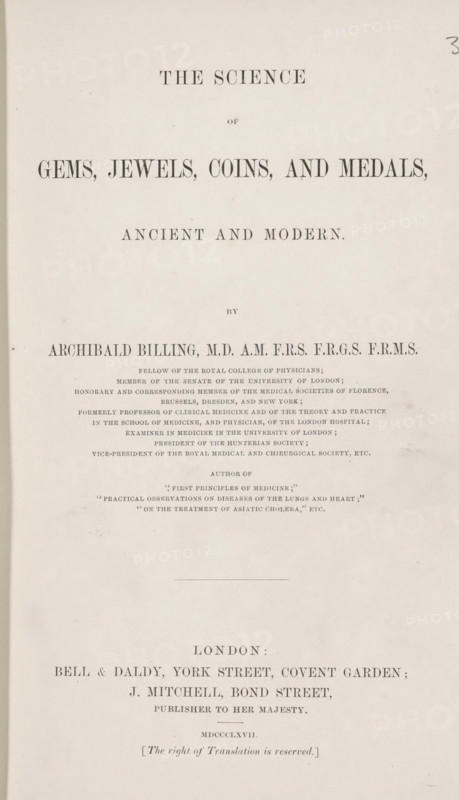The science of gems, jewels, coins, and medals, ancient and modern, book, name: 'Ex librs CJ Peacock', writer (clerical worker): Archibald Billing, printer (person): Levey & Co., London, publisher: Bell & Daldy, publisher: John Mitchell, 1867, writer (clerical worker), printer (person), textile materials, pasteboard, linen (material), paper, printing, color on cut, albumen print, height 230 mm x width 160 mm x thickness 30 mm, A vertically oriented aged paper page with printed serif text arranged in centered lines, showing larger bold headings near the top and smaller blocks of dense text in the middle, with a narrow horizontal rule and additional lines of print toward the bottom, all on a light beige background with slight paper texture and a few small spots and smudges.