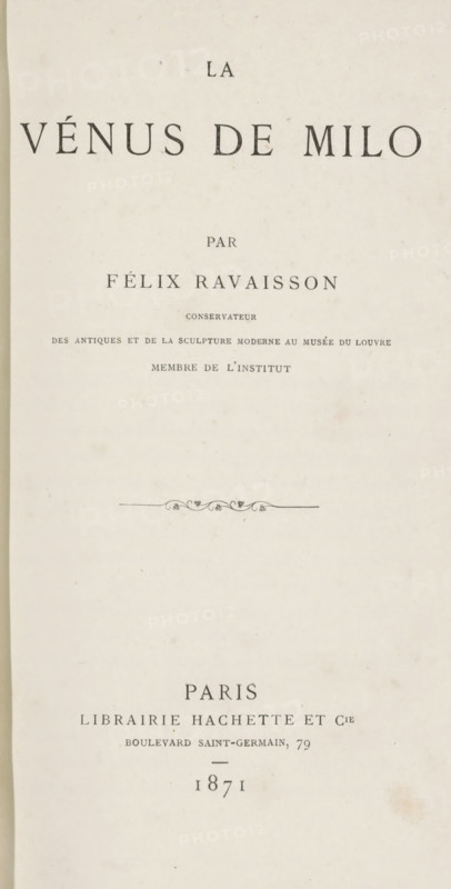 La Vénus de Milo, book, inscription: 'Sanatorium du Clergé de France, (Eccli. 18.6)', writer (clerical worker): Félix Ravaisson, publisher: Librairie Hachette & Cie., Paris, 1871, writer (clerical worker), paper, printing, albumen print, height 245 mm x width 164 mm x thickness 4 mm, The image shows a single page with a wide vertical layout and a light beige background that has faint aging spots and slight discoloration. Across the top and center are several lines of dark printed text in various sizes and serif type, arranged with generous spacing; near the middle a small ornamental horizontal flourish appears, and lower on the page more printed lines are present with a small horizontal rule beneath them. The page edges are slightly darker, and the overall appearance is that of an old printed title page with centered composition and ample blank space around the printed elements.