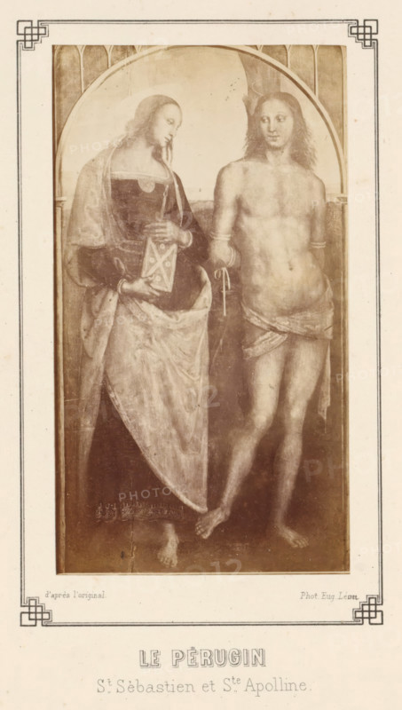 Photo reproduction of the painting Saint Sébastien et sainte Apolline by Pietro Perugino, Le Pérugin St. Sébastien et Ste. Apolline, photograph, reproduction, page, inscription: 'd'après l'original.', photographer: E. Léon, Grenoble, after painting by Pietro Perugino, c. 1869 - in or before 1879, paper, albumen print, albumendruk, height 140 mm x width 78 mm, Photo opposite title page., picture, painting, the martyr Sebastian, possible attributes: arrow(s), bow, tree-trunk, the virgin martyr Apollonia of Alexandria, possible attributes: book, crown, palm-branch, tooth in pincers, A sepia-toned image framed by a decorative border shows two standing figures beneath an arched background. On the left is a robed figure wearing a long flowing garment and a veil, holding a rectangular object with a patterned cover close to the torso; the robe has a lighter draped outer layer and a darker inner garment visible at the neckline and hem. On the right is a mostly nude figure with a cloth wrapped a...