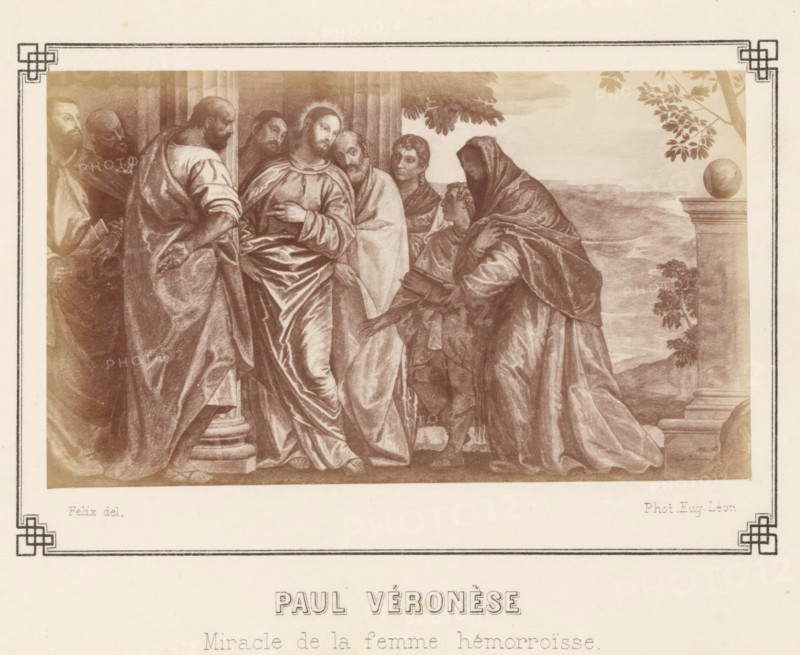 Photo reproduction of a painting of 'The Healing of the Bloody Woman' by Paolo Veronese, Paul Véronèse Miracle de la femme hémorroïsse, photograph, reproduction, page, inscription: 'Felix del, ', photographer: E. Léon, Grenoble, after painting by Paolo Veronese, c. 1869 - in or before 1879, paper, albumen print, albumendruk, height 80 mm x width 135 mm, picture, painting, healing of a woman with an issue of blood: she kneels before Christ after having touched his robe (Matthew 9:20-22, Mark 5:25-34, Luke 8:43-48), A sepia-toned print showing a group of robed figures clustered in a scene framed by decorative borders; central figures wear flowing drapery with one person making a gesture toward another, while others stand close by with varied expressions and poses; a hooded figure leans toward a seated person, and architectural elements like a column and a rounded finial appear at the right with trees and a landscape in the background.