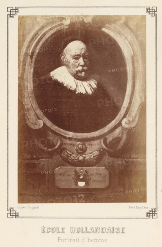Photo reproduction of a portrait of an unknown man, Ècole Hollandaise Portrait d'homme, photograph, reproduction, page, inscription: 'd'après l'original.', photographer: E. Léon, Grenoble, after painting by anonymous, c. 1869 - in or before 1879, E. Léon, photographer, after painting by, paper, albumen print, height 139 mm x width 95 mm, historical persons, adult man, A faded sepia portrait of an older man shown from the shoulders up inside an ornate oval frame, the man wearing a high, ruffled white collar and dark clothing, his face round with a bald head and a mustache and goatee, the framed oval set within carved scrollwork and decorative elements including a floral motif and a shield-like emblem below, all mounted on a rectangular backing with a simple decorative border around the page.