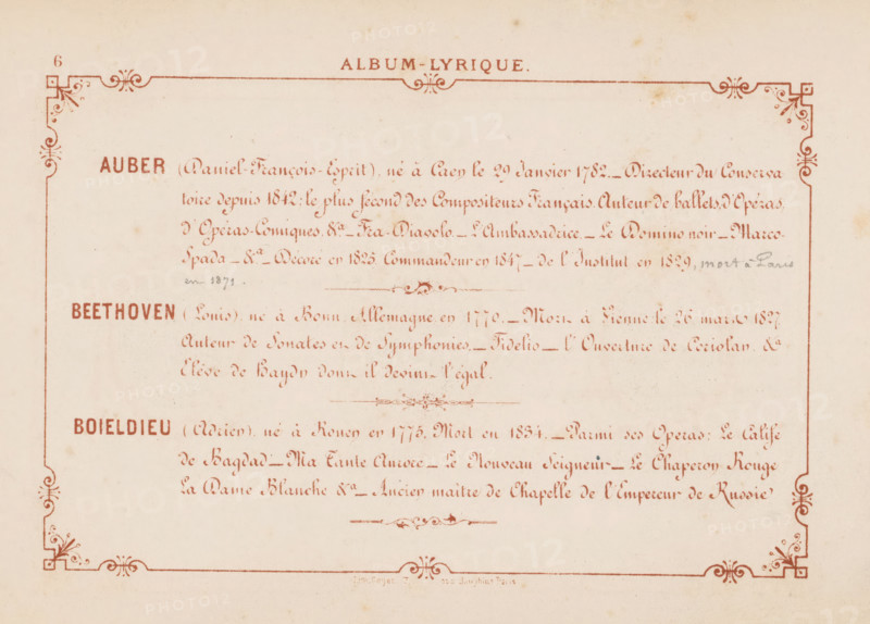 Three photo reproductions of drawings, depicting portraits by Daniel-François-Esprit Auber, Ludwig van Beethoven and François-Adrien Boieldieu, photograph, reproduction, page, photographer: Antoine René Trinquart, France, after drawing by anonymous, c. 1858 - c. 1868, paper, printing, albumen print, height 150 mm x width 227 mm, Person, François-Adrien Boieldieu, Daniel-François-Esprit Auber, Ludwig van Beethoven, composer, A rectangular aged paper with a decorative red border and corner flourishes surrounding three horizontally aligned sections of faded red handwritten-style script, with larger bold red headings at the left of each section, ornate floral divider designs between sections, and faint brownish spots and discoloration across the surface.