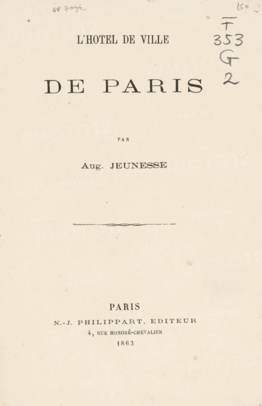 Hôtel de Ville de Paris, book, writer (clerical worker): Auguste Jeunesse, publisher: N.-J. Philippart, Paris, 1863, writer (clerical worker), paper, printing, albumen print, height 185 mm x width 120 mm x thickness 4 mm, A cream-colored page with printed lines of dark serif type arranged vertically, small handwritten pencil marks and scribbles near the top right, a faint horizontal ornamental line near the center, and light speckles and age spots scattered across the paper.