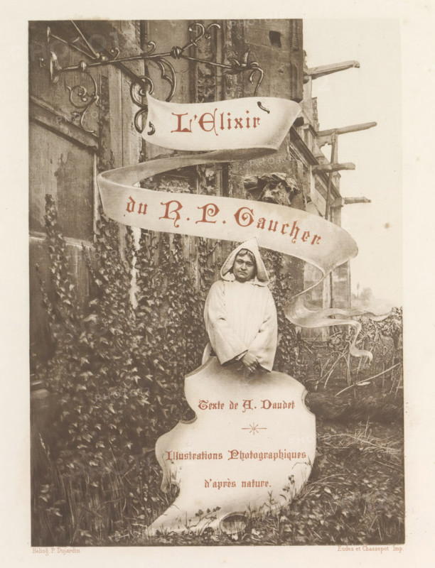 Monk in front of a church, page, photomechanical print, photographer: Henri Magron, France, cliché maker: Paul Dujardin, printer (person): Eudes et Chassepot, c. 1885 - in or before 1896, printer (person), paper, photoaquatint, height 210 mm x width 155 mm, Print on title page., church (exterior), monk(s), friar(s), A sepia-toned photograph shows a person wearing a hooded cloak standing in front of a weathered wall covered in climbing ivy and vines, with decorative wrought-iron brackets and wooden beams protruding from the building. A long ribbon-like banner weaves down the scene, partially obscuring the person and flowing toward the bottom of the image. The person stands with hands clasped at the front, eyes visible beneath the hood, and the surrounding ground is overgrown with grass and small plants. The overall scene has an aged, textured appearance with rough stone and wood details visible on the wall.