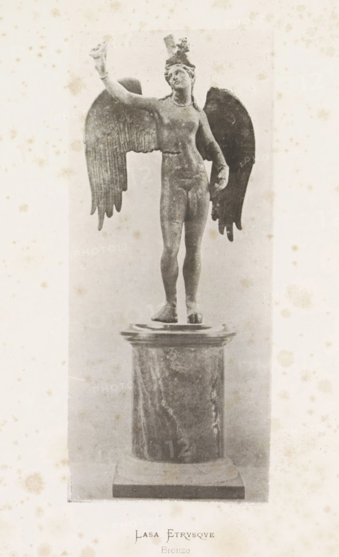 Lasa Etrusque, Bronze angel from the Etruscan period, page, photomechanical print, number: 'Pl. 10', photographer: Stephane Geoffray, Paris, 1879, paper, collotype, photoprint, height 211 mm x width 90 mm, piece of sculpture, reproduction of a piece of sculpture, A monochrome photograph of a winged statue standing on a rounded pedestal, showing a humanlike figure with outstretched limbs and one arm raised, wings extended behind the torso, a headdress or object atop the head, and visible texture and wear on the statue and pedestal.