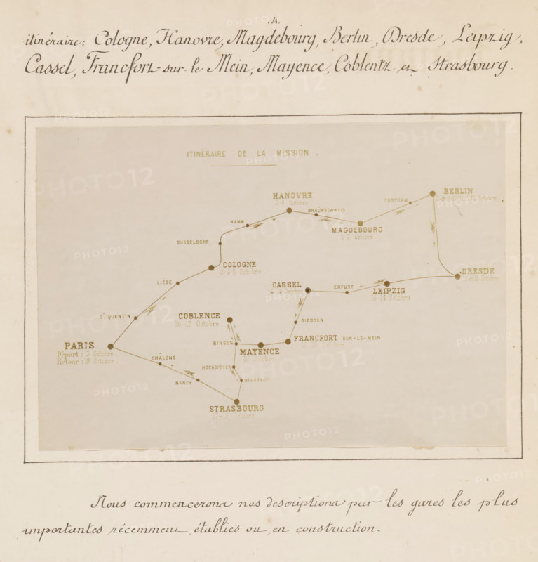 Itinéraire de la mission, Photo reproduction of a map of the railways between Paris and Berlin, photograph, reproduction, page, after drawing by anonymous, c. 1874 - in or before 1884, photographer, paper, albumen print, albumendruk, height 110 mm x width 160 mm, Photo on page 4., railway, train, maps, atlases, A faded printed map panel framed by a thin dark border sits centered on a cream-colored page, showing a pale beige background with fine brown lines connecting small filled circles that mark places; headings and labels in a light brown serif type appear near many circles, and decorative arrows indicate directions between points; above the panel there is a line of handwritten cursive text in dark ink stretching across the top edge, and below the panel a larger handwritten cursive sentence spans the width of the page; the paper shows small age spots and slight discoloration around the edges.