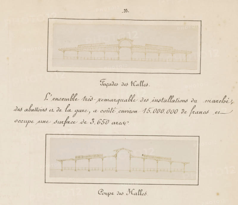 Coupe des halls, Façades des halles, Two photographic reproductions of cross-sections of the Berlin Stock Exchange, photograph, reproduction, page, after drawing by anonymous, c. 1874 - in or before 1884, photographer, paper, albumen print, albumendruk, height 361 mm x width 250 mm, Photos on page 33., market-hall, maps, atlases, stock exchange, stock-market, A faded sheet with two rectangular framed architectural elevation drawings of a long covered structure, each drawing showing a central arched opening flanked by repeated slender columns supporting a pitched roof and raised walkways, the drawings rendered in pale sepia lines on a light cream background, with handwritten cursive script visible between and around the framed drawings and a smaller decorative numeral near the top edge.