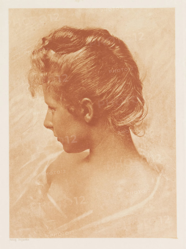 Primavera, Portrait of an unknown woman, page, photomechanical print, photographer: Robert Demachy, cliché maker: Paul Dujardin, 1896, paper, photoaquatint, height 209 mm x width 152 mm, adult woman, the graphic arts, A sepia-toned portrait of a young person shown in profile facing left, with short wavy hair swept back from the forehead and soft curls near the nape, a smooth neck and bare shoulders partially draped with a translucent, flowing fabric, set against a plain textured background.
