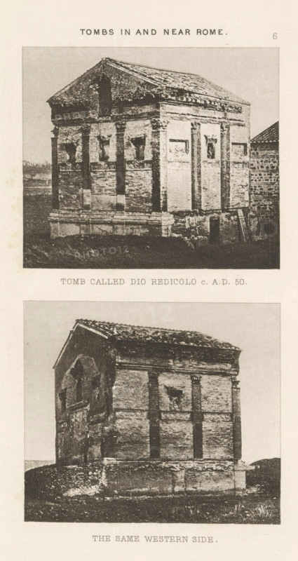 Tomb called Dio Redicolo c. AD 50. The same western side, Twice a view of the Cenotafio di Annia Regilla, page, photomechanical print, number: '6', Rome, cliché maker: Dujardin Frères, Paris, c. 1867 - in or before 1877, photographer, paper, photoaquatint, height 223 mm x width 142 mm, monument, statue, grave, tomb, Cenotafio di Annia Regilla, A vertical image showing two sepia-toned photographs of a small rectangular stone building with a pitched roof, each photo framed with a pale border and separated by a blank strip; the upper photograph depicts the building from an angled front view with visible decorative rectangular panels and small recessed niches on its textured brick walls, a triangular pediment at the roofline, and a darker ground in front; the lower photograph shows the building from a slightly different angle emphasizing the western side with similar brickwork, vertical pilaster-like features, a rough stone base, and uneven ground surrounding the structure.