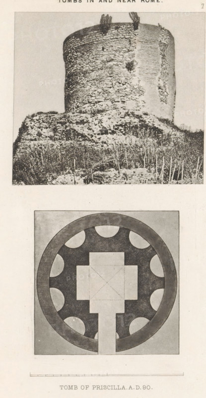 View and photo reproduction of a plan of the Sepolcro di Priscilla in Rome, Tomb of Priscilla. AD 90, reproduction, page, photomechanical print, number: '7', Rome, cliché maker: Dujardin Frères, Paris, after drawing by anonymous, c. 1867 - in or before 1877, photographer, paper, photoaquatint, height 223 mm x width 142 mm, grave, tomb, plan, architecture, Sepolcro di Priscilla, A vertical composite image showing two separate black-and-white illustrations stacked one above the other; the top illustration depicts a cylindrical stone tower or ruin set on uneven rocky ground with low vegetation in front and a few taller plants or stumps visible at the tower top, the tower surface showing irregular stone texture and a vertical lighter patched area on one side; the lower illustration shows a geometric floor plan or circular diagram within a square frame, with a thick dark ring around a central cross-shaped form and several rounded segments arrayed inside the ring, all rendered in shaded gray...