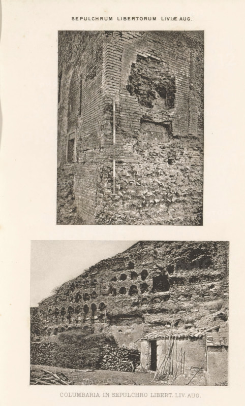 Columbaria in sepulchro libert. liv. Aug., Two views of probably the columbarium of the Vigna Codini, page, photomechanical print, Rome, cliché maker: Dujardin Frères, c. 1867 - in or before 1877, photographer, paper, photoaquatint, height 223 mm x width 142 mm, niche-tomb, wall-tomb, Columbarium of the Vigna Codini, A vertically oriented page with two sepia-toned photographs depicting ancient stone and brick structures, the upper image showing a close-up of a corner of a masonry wall with visible brick courses and an area of rough, eroded stonework, a narrow vertical measuring pole leaning against the corner, and irregular rubble at the base; the lower image showing a broader view of a rocky hillside face pierced by rows of circular openings, a small ruined stone building with a tiled roof in the foreground, stacks of cut wood or rubble nearby, and scattered long thin poles leaning against the building, all presented on a light background with margins around the photographs.
