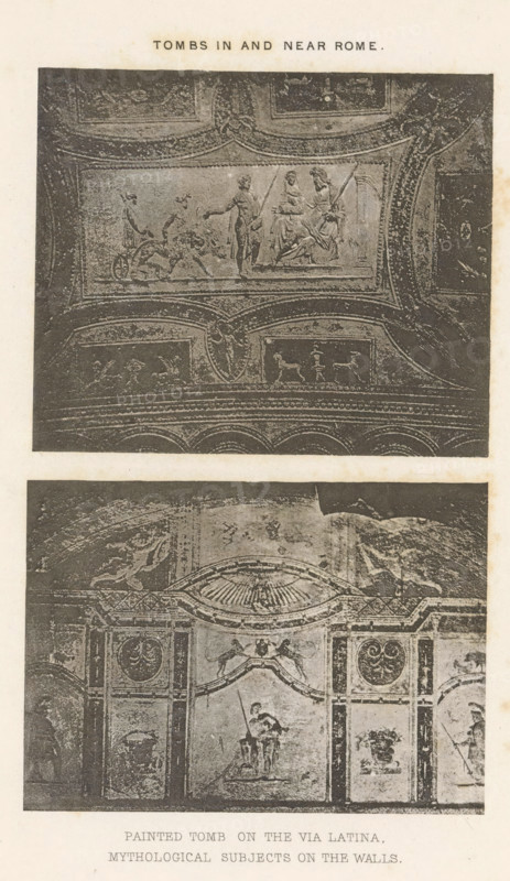 Painted tomb on the Via Latina. Mythological subjects on the walls, Decoration of a tomb on the Via Latina in Rome, page, photomechanical print, c. 1867 - in or before 1877, paper, photoaquatint, height 223 mm x width 142 mm, grave, tomb, wall-covering, Rome, Via Latina, The image shows two rectangular photographic panels stacked vertically, each depicting sections of ornate wall and ceiling artwork with framed panels and decorative borders; the top panel features a central rectangular relief scene with human figures and a chariot motif surrounded by curved ornamental molding and small animal figures in adjacent panels, while the lower panel displays a larger architectural wall composition with pilasters, medallions, an arched lunette with a shell motif, and figurative scenes within framed panels, all rendered in a worn, monochrome print tone against a light background.