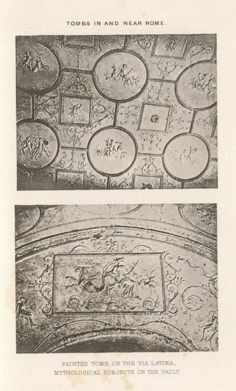 Decoration of a tomb on the Via Latina in Rome, Painted tomb on the Via Latina. Mythological subjects on the vault, page, photomechanical print, Via Latina, cliché maker: Dujardin Frères, Paris, c. 1867 - in or before 1877, photographer, Rome, paper, photoaquatint, height 223 mm x width 142 mm, grave, tomb, (decorated) ceiling, An aged printed page shows two rectangular photographic panels of decorative ceiling artwork separated by a blank margin; the upper panel features a patterned ceiling with framed medallions and rectangles containing figurative reliefs and ornamental scrollwork, the lower panel shows a portion of a vaulted ceiling with a central rectangular panel depicting a rider on a rearing horse surrounded by decorative flourishes and curving ornamental borders, the page background is a pale, slightly speckled paper.