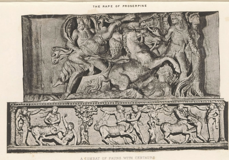 Two details of reliefs, depicting Pluto and Proserpine and a battle between fauns and centaurs, The rape of Proserpine A combat of Fauns with Centaurs, page, photomechanical print, c. 1867 - in or before 1877, paper, photoaquatint, height 145 mm x width 224 mm, satyrs, fauns, Sileni, centaurs, decorating 'en relief', appliquéing, Pluto in love with Proserpina, A rectangular stone relief divided into upper and lower panels depicting sculpted human and animal figures in a classical style, with the upper panel showing reclining and seated figures amid flowing drapery and a rearing horse, while the lower panel presents multiple centaur-like forms and other human figures interacting around a central tree motif; the relief surface displays carved details of musculature, hair, garments, and ornamental borders, rendered in a high-contrast monochrome photograph.