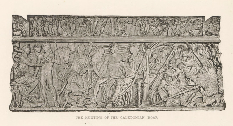 The hunting of the Caledonian boar, Relief of a sarcophagus, depicting the Calydonian hunt, page, photomechanical print, cliché maker: Dujardin Frères, Paris, c. 1867 - in or before 1877, photographer, paper, photoaquatint, height 78 mm x width 173 mm, sarcophagus, the Calydonian hunt, decorating 'en relief', appliquéing, A rectangular carved stone relief with a narrow frieze along the top and a larger main scene below, showing numerous human figures in classical draped clothing and some partially nude, arranged across the panel in various standing, seated, and reclining poses; several figures hold spears or staffs and a few lead or restrain animals, while a prominent seated pair at the center are flanked by attendants and draped fabric; to the right a large boar-like animal is being confronted by figures with spears and one figure appears to be grasping the animal; to the left groups of figures cluster together, some with arms around each other, and small animals and dogs appear near ...