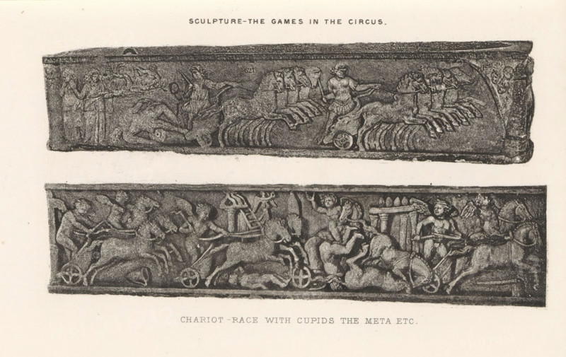 Sculpture - The games in the circus. Chariot-race with cupids the meta etc, Two reliefs of sarcophagi, depicting games in a Roman circus and a competition with triumphal chariots, page, photomechanical print, cliché maker: Dujardin Frères, Paris, c. 1867 - in or before 1877, photographer, paper, photoaquatint, height 143 mm x width 224 mm, square, circus, sarcophagus, decorating 'en relief', appliquéing, ancient forms of military vehicles: chariot, battle wagon, A faded print shows two long rectangular stone relief panels stacked vertically, each depicting a crowded scene of chariots and figures carved in low relief. The upper panel features a series of chariot horses seen in profile, charioteers holding reins, a fallen figure with a wheel near its head, and standing draped figures at the panel ends. The lower panel shows a dense arrangement of chariots and horses with charioteers and smaller winged figures amid twisting limbs and raised arms, all carved with weathered texture and surr...