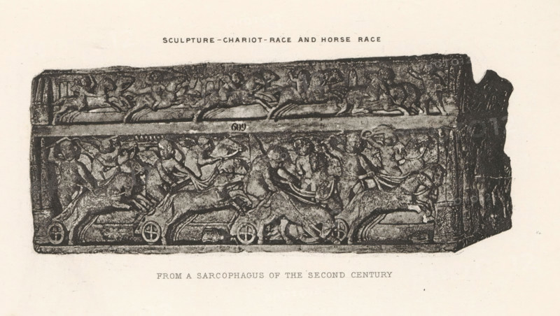 Sculpture - Chariot-race and horse race, Relief of a sarcophagus, depicting a race with horses and triumphal chariots, page, photomechanical print, inscription: 'From a sarcophagus of the second century', cliché maker: Dujardin Frères (possibly), Paris, c. 1867 - in or before 1877, photographer, paper, photoaquatint, height 143 mm x width 224 mm, sarcophagus, decorating 'en relief', appliquéing, ancient forms of military vehicles: chariot, battle wagon, A rectangular stone relief with carved scenes spanning its front and upper band, showing multiple human figures and horses in dynamic poses. The lower scene depicts chariots with horses in motion and figures standing or seated within the chariots, some with raised arms and draped garments, while the upper band shows additional figures and horses in a narrower frieze. The stone block has a darker, roughened area on one vertical end and a lighter surrounding background. The carving surfaces show textured, worn details and varying depths o...