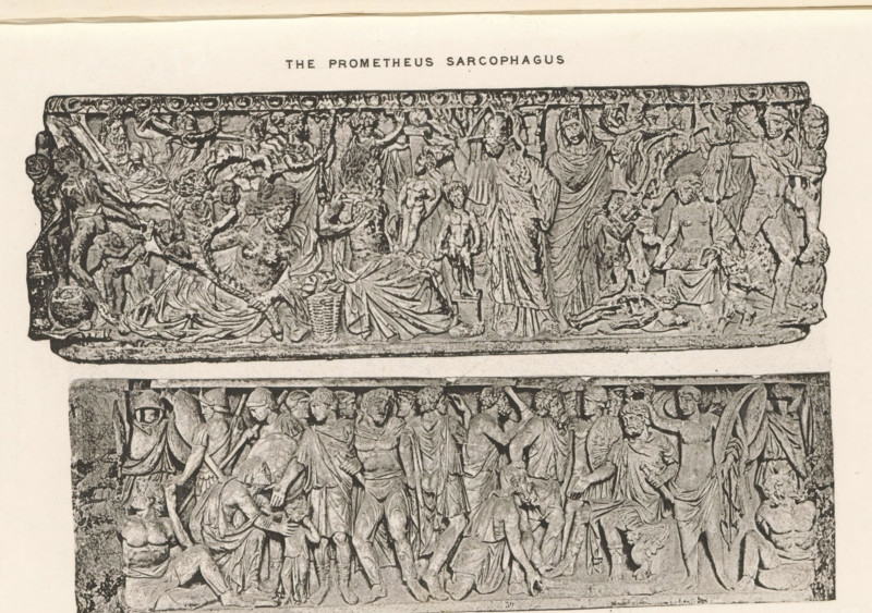 The Prometheus sarcophagus Victory of some Roman general over Barbarians, Two reliefs of sarcophagi, the Prometheus sarcophagus and a representation of the victory of a Roman general, page, photomechanical print, cliché maker: Dujardin Frères (possibly), Paris, c. 1867 - in or before 1877, photographer, paper, photoaquatint, height 143 mm x width 224 mm, sarcophagus, decorating 'en relief', appliquéing, Prometheus brings fire to mankind, A rectangular carved stone panel filled with numerous sculpted human figures in various poses and draped garments, some standing and some seated or reclining, with detailed folds in the clothing and expressive facial features; decorative border along the top with circular motifs; scenes include figures holding objects, interacting closely, and small childlike figures among adults; figures on the left appear clustered with one reclining, central area shows standing figures with flowing robes, and the right side has seated and standing figures in animate...