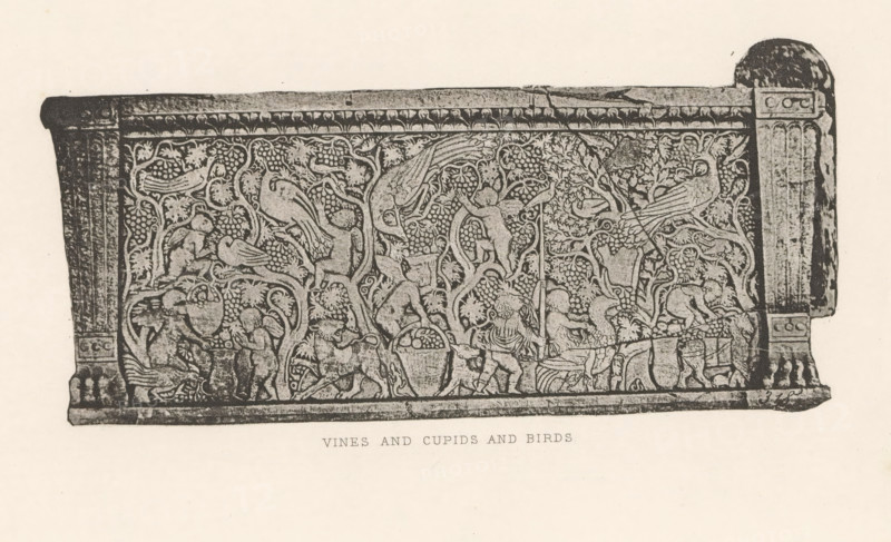 Relief of a sarcophagus, depicting putti with birds in a vineyard, Vines and cupids and birds, page, photomechanical print, cliché maker: Dujardin Frères (possibly), Paris, c. 1867 - in or before 1877, photographer, paper, photoaquatint, height 80 mm x width 170 mm, cupids: 'amores', 'amoretti', 'putti', vine, sarcophagus, decorating 'en relief', appliquéing, A rectangular carved stone panel surrounded by thicker vertical endpieces, filled with an intricate relief of intertwining vines, stylized leaves, clusters of fruit, many birds perched among the branches, and multiple small winged cherub-like figures engaged in various poses; the relief shows baskets and containers, curved branches weaving throughout, and a decorative border along the top and bottom edges.