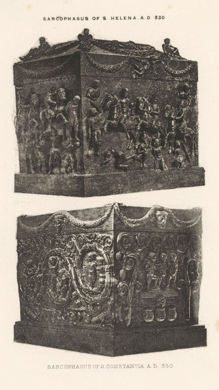 Sarcophagus of s. Helena. AD 330 Sarcophagus of Constantia. AD 350, Two sarcophagi of Helena and Constantina, page, photomechanical print, cliché maker: Dujardin Frères (possibly), Paris, c. 1867 - in or before 1877, photographer, paper, photoaquatint, height 223 mm x width 142 mm, sarcophagus, decorating 'en relief', appliquéing, St. Helena (one of the nine worthiest women), The image shows two rectangular stone sarcophagi stacked vertically within the frame, each with ornate carved reliefs and decorative garlands along the top edges. The upper sarcophagus displays sculpted human figures in various poses, including several mounted on horses and others standing or reclining, with draped swags and carved reclining figures along the lid. The lower sarcophagus features intricate scrollwork, a central oval medallion with a carved bust, additional human figures in groups, and garland motifs with a carved head at the top center, all set on a plain stepped base and shown against a light backg...