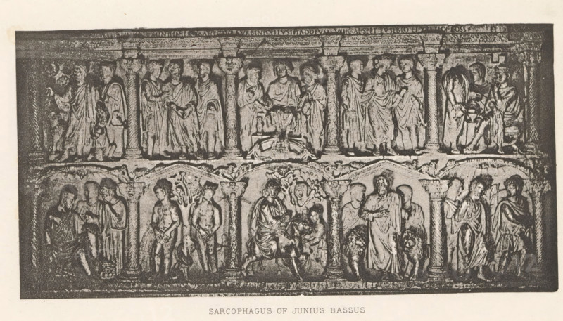 Sarcophagus of Junius Bassus, Relief of the sarcophagus of Junius Bassus, page, photomechanical print, cliché maker: Dujardin Frères, Paris, c. 1867 - in or before 1877, photographer, paper, photoaquatint, height 91 mm x width 182 mm, sarcophagus, decorating 'en relief', appliquéing, A rectangular stone relief divided into horizontal registers with carved human figures standing and seated within arch-like niches and between decorative columns, the upper register showing robed figures in long garments facing or gesturing toward one another and some seated in small troughs beneath a frieze, and the lower register depicting a mix of draped and partially nude figures arranged in groups around central seated figures and small children, with ornamental capitals, arches, and foliage motifs separating the scenes, all rendered in a monochrome print with visible texture and slight wear.