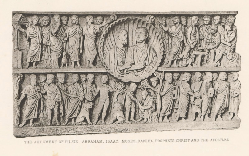 The judgment of Pilate. Abraham, Isaac, Moses, Daniel, Prophets, Christ and the Apostles, Relief of a sarcophagus depicting the judgment of Pontius Pilate, page, photomechanical print, cliché maker: Dujardin Frères (possibly), Paris, c. 1867 - in or before 1877, photographer, paper, photoaquatint, height 88 mm x width 160 mm, sarcophagus, Pilate showing Christ to the people, 'Ostentatio Christi', 'Ecce Homo' (John 19:4-6), decorating 'en relief', appliquéing, A rectangular stone relief divided into two horizontal registers showing rows of carved human figures in draped garments, with a central circular medallion intersecting the two bands containing two facing busts framed by a scalloped border; the upper register displays standing figures in varied poses, some gesturing and some seated at small stools, with folded and flowing robes and closely spaced heads, while the lower register shows additional standing and kneeling figures, one kneeler reaching toward another and a small animal a...