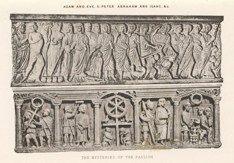 Adam and Eve. S. Peter Abraham and Isaac &c. The mysteries of the Passion, Two reliefs of sarcophagi, depicting Adam and Eve and the Passion of Christ, page, photomechanical print, cliché maker: Dujardin Frères (possibly), Paris, c. 1867 - in or before 1877, photographer, paper, photoaquatint, height 140 mm x width 223 mm, Passion of Christ, sarcophagus, decorating 'en relief', appliquéing, the punishment of Adam and Eve, A grayscale photograph of a carved stone relief panel showing two horizontal registers of figures and decorative elements. The upper register depicts a row of standing figures in draped garments, some with identifying gestures and a few smaller figures at their feet, all in various poses along a continuous frieze beneath a projecting cornice. The lower register is divided by vertical architectural elements into three arched bays containing additional carved figures and scenes, including a standing figure in armor beside a robed figure, seated and kneeling figures, and...