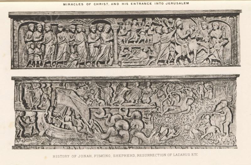 Two reliefs of sarcophagi, depicting episodes from the life of Christ and the story of Jonah, Miracles of Christ, and his entrane into Jerusalem History of Jonah, fishing, shepherd, resurrection of Lazarus etc, page, photomechanical print, cliché maker: Dujardin Frères (possibly), Paris, c. 1867 - in or before 1877, photographer, paper, photoaquatint, height 140 mm x width 223 mm, sarcophagus, decorating 'en relief', appliquéing, the ship is caught in a violent storm, Jonah and the sailors, A wide rectangular stone relief divided into horizontal panels is shown, with carved human figures in draped garments and architectural elements. The top panel contains a procession of standing figures grouped beneath arched niches, some with hands raised or clasped and a few smaller figures near their feet. The middle area has a scene with reclining and seated figures, a central sleeping figure on a raised bed, and standing figures gesturing toward a seated person on the right. The lower larger pan...