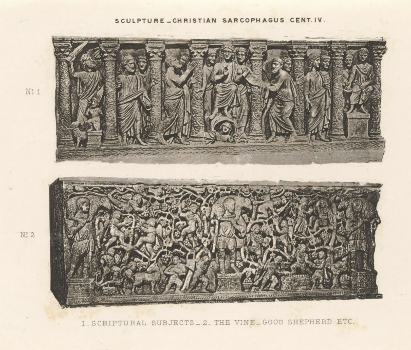 Sculpture - Christian sarcophagus cent. IV., Two reliefs of sarcophagi, depicting Biblical scenes and the Good Shepherd surrounded by putti, page, photomechanical print, inscription: '1. Scriptural subjects - 2. The vine - Good shepherd etc.', cliché maker: Dujardin Frères (possibly), Paris, c. 1867 - in or before 1877, photographer, paper, photoaquatint, height 140 mm x width 215 mm, sarcophagus, Christ as Good Shepherd, decorating 'en relief', appliquéing, A rectangular stone slab with carved reliefs fills the image, the upper portion showing a row of standing figures clad in draped garments separated by decorative columns, some figures holding objects or gesturing, a central seated figure atop a small pedestal with a carved head beneath, and the lower portion densely packed with intertwined vines, animals, and many small human and hybrid figures in varied poses, all rendered in a monochrome, high-contrast engraving style on a light background.