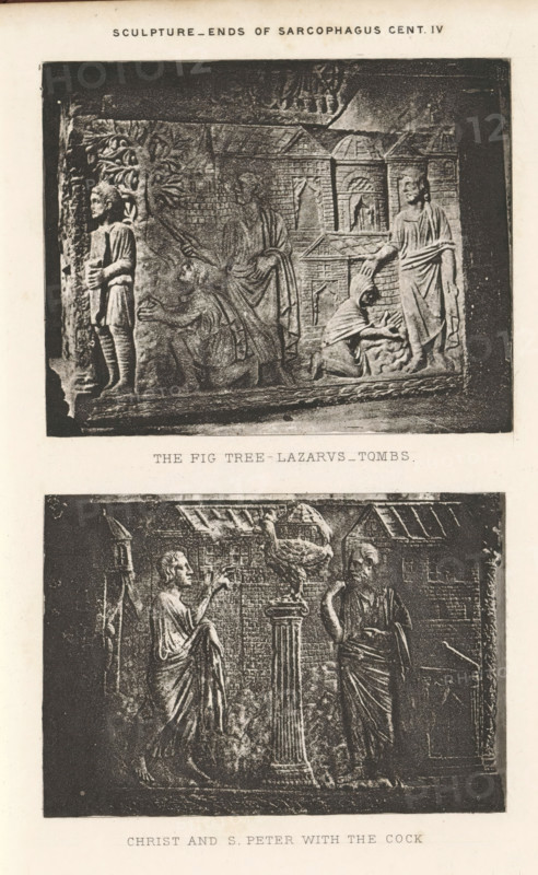 Sculpture - Ends of sarcophagus cent. IV, Two reliefs of sarcophagi, depicting Lazarus by a fig tree and Christ and Peter by the rooster, page, photomechanical print, inscription: 'The fig tree - Lazarus- tombs. Christ and S. Peter with the cock', cliché maker: Dujardin Frères (possibly), Paris, c. 1867 - in or before 1877, photographer, paper, photoaquatint, height 217 mm x width 141 mm, the raising of Lazarus ('Lazarus, come out'), sarcophagus, decorating 'en relief', appliquéing, cock on column, instruments of the Passion, A vertical sheet shows two rectangular carved relief panels stacked one above the other, each framed by a dark border and depicting scenes in a stonework style. The top relief portrays architectural elements with a building facade in the background and multiple human figures in robes arranged across the scene; one figure stands at the left edge near a tree with detailed leaves, a central figure appears seated or kneeling, and a robed figure on the right gestures t...
