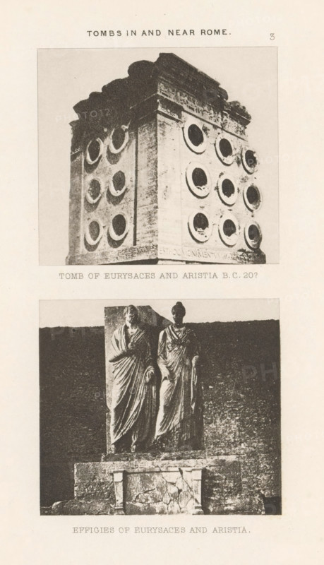 Tomb Eurysaces and Aristia BC 20? Effigies Eurysaces and Aristia, View of the Tomb of Eurysaces and the Sculptures of Marcus Vergil Eurysaces and Aristia, page, photomechanical print, number: '3', c. 1870 - in or before 1877, paper, photoaquatint, height 223 mm x width 142 mm, sculpture, grave, tomb, Rome, Tomb of Eurysaces, A vertically oriented page showing two black-and-white photographic images stacked one above the other with blank margins around them. The top image depicts a large stone funerary monument photographed at an angle, showing two adjoining faces of a rectangular tomb block with circular recessed openings arranged in a grid pattern and a decorative cornice at the top; the stone has a weathered surface with darker shadowed recesses and lighter worn faces. The bottom image shows a stone funerary relief with two standing draped figures carved in high relief against a rectangular backing stone placed on a stepped base; the figures wear long flowing garments with folds and ...
