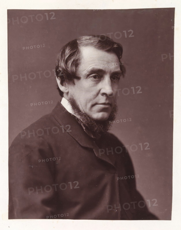 Portrait of an unknown man, photograph, page, photographer: Ernest Edwards, London, c. 1859 - in or before 1869, paper, carbon print, photographie de charbon, height 171 mm x width 134 mm, historical persons not known by name, A sepia-toned portrait of a middle-aged man shown from the shoulders up in a three-quarter view, with neatly combed hair that parts to the side and longer sideburns that extend into a trimmed beard along his jaw, wearing a dark jacket and a visible collar, his expression neutral with slightly downcast eyes, against a plain, darker background and a lighter border around the image.