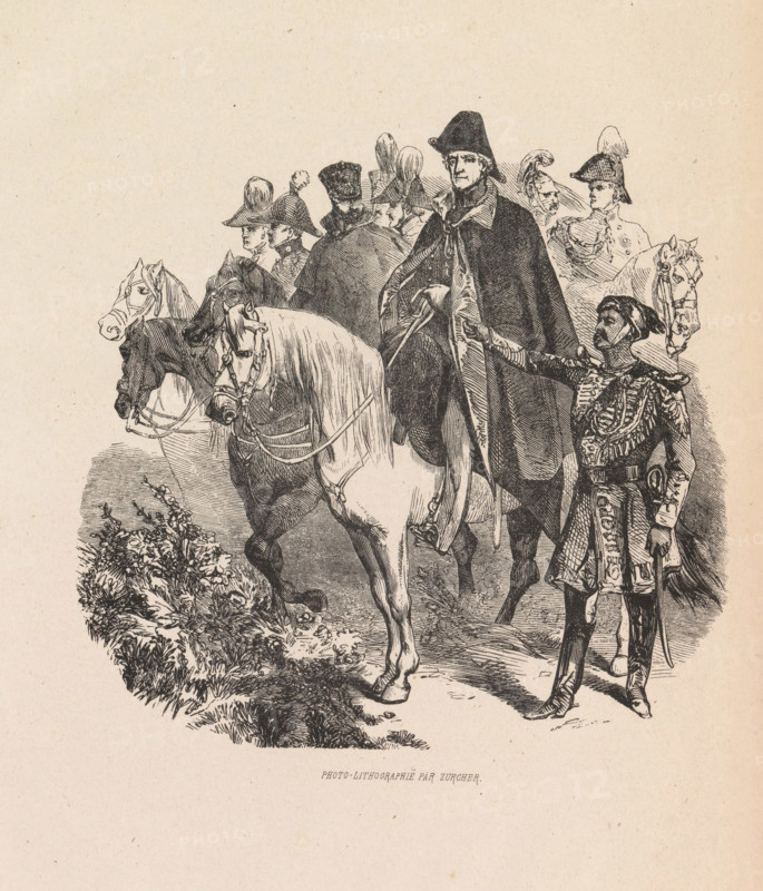 Captain on horseback with his entourage, page, photomechanical print, cliché maker: Zurcher, after drawing by anonymous, c. 1859 - in or before 1869, photographer, paper, photolithography, height 158 mm x width 158 mm, commander-in-chief, general, marshal, riding a horse, ass, or mule, rider, horseman, A detailed black and white illustration shows a group of men in historical military attire, several wearing tall hats and capes, standing and riding horses; one central figure in a dark cloak and wide-brimmed hat holds the reins of a light-colored horse, while another uniformed attendant in ornate dress reaches toward him; to the left there are multiple horses with bridles and visible manes, and foliage and ground textures appear beneath their hooves; faces of the men show varied expressions and headgear, and the scene is rendered in fine pen-and-ink lines on a pale, textured background.