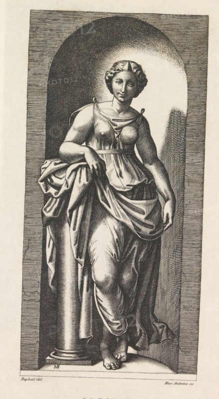 La force, Photo reproduction of an engraving depicting the Force, reproduction, page, photomechanical print, name: 'E BALDUS 25 rd'Assas, 25, Paris', cliché maker: Édouard Denis Baldus, Paris, after print by Marcantonio Raimondi, Italy, after drawing by Rafaël, c. 1859 - in or before 1869, Édouard Denis Baldus, Marcantonio Raimondi, Rafaël, photographer, cliché maker, after print by, after drawing by, paper, photoaquatint, height 216 mm x width 105 mm, Print after page 40., Strength, Power, 'Fortezza', 'Fortezza d'Animo e di corpo', 'Fortezza del corpo congiunta con la generosità dell'animo', 'Fortezza & valore del corpo congiunto con la prudenza & virtù del animo', 'Forza' (Ripa), A monochrome engraving of a classical female figure standing in a recessed arched niche, wearing a draped gown that reveals the contours of her body, with one arm resting on a short column and the other holding a fold of fabric; she has short wavy hair and a small pointed headpiece, a calm facial expression,...