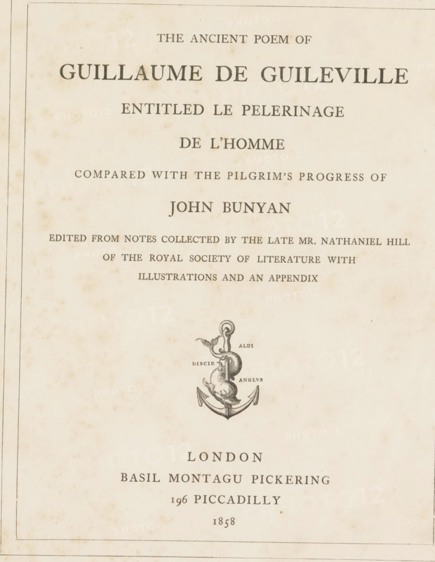 The ancient poem of Guillaume de Guileville entitled le Pelerinage de l'homme, compared with the Pilgrim's progress of John Bunyan, book, publisher: Basil Montagu Pickering, London, compiler (person in literature): Nathaniel Hill, 1858, compiler (person in literature), textile materials, pasteboard, paper, linen (material), albumen print, printing, lithography, printing and albumen printing, height 270 mm x width 205 mm x thickness 15 mm, A cream-colored aged paper page with a thin rectangular border, scattered small brown foxing marks, a centered ornamental engraving showing an anchor entwined with a serpent-like creature, and multiple lines of printed serif text arranged above and below the engraving, with larger bold headings near the top and centered lines of smaller text toward the middle and bottom.