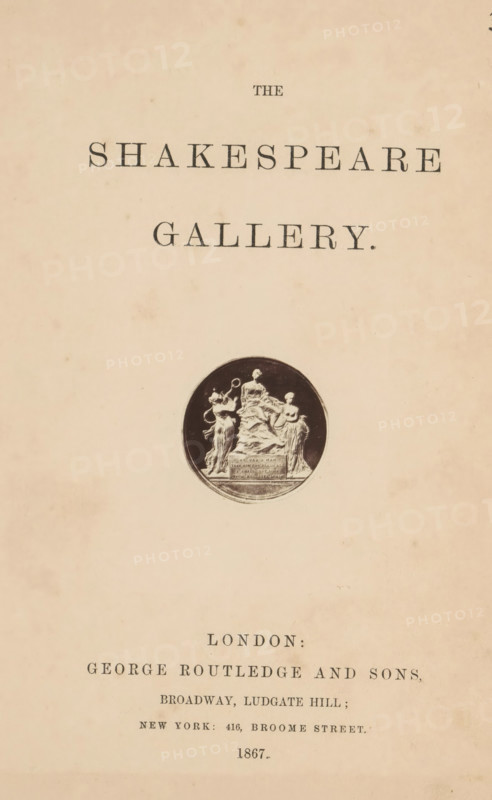 Relief of the Boydell Shakespeare Gallery in London, depicting William Shakespeare flanked by two muses, photograph, page, photographer: Stephen Ayling, London, c. 1854 - in or before 1867, paper, albumen print, height 35 mm x width 35 mm, Photo on title page., decorating 'en relief', appliquéing, A faded cream page with a large centered title area in dark serif type, a circular black-and-white medallion bearing a sculptural relief of three draped figures set below the title, and additional lines of smaller dark type arranged toward the lower portion of the page, all on a slightly aged, spotted background.