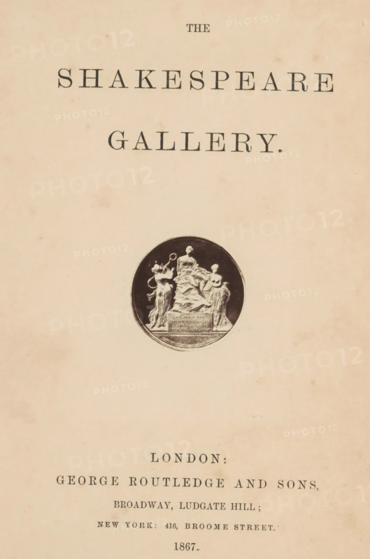 The Shakespeare gallery, book, name: 'William Henry Fulcher Balmoral Villa Parkstone Road Foole Dorset', publisher: George Routledge & Sons, London, 1867, textile materials, paper, linen (material), albumen print, color on cut, height 213 mm x width 170 mm x thickness 45 mm, A faded cream page with a centered circular dark medallion near the middle showing a sculptural relief of three robed figures on a pedestal, the central figure seated and flanked by two standing figures, and faint scattered spots and aging marks across the background.